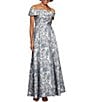 Color:Silver Multi - Image 1 - Jacquard Short Sleeve Off-the-Shoulder Floral Pocketed Gown