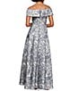 Color:Silver Multi - Image 2 - Jacquard Short Sleeve Off-the-Shoulder Floral Pocketed Gown