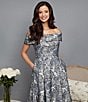 Color:Silver Multi - Image 6 - Jacquard Short Sleeve Off-the-Shoulder Floral Pocketed Gown