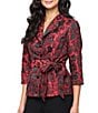 Alex Evenings Jacquard Floral Print 3/4 Sleeve Tie Waist Button Front Blouse, Color:Black/Red - Image 5