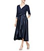 Color:Navy - Image 1 - Jersey and Satin 3/4 Sleeve Bead Cuff Surplice V-Neck Tie Waist High-Low Ballet Length Dress