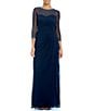 Color:Dark Navy - Image 1 - Long Beaded Illusion Sweetheart Neck 3/4 Sleeve Ruched Dress