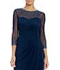 Color:Dark Navy - Image 3 - Long Beaded Illusion Sweetheart Neck 3/4 Sleeve Ruched Dress