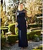 Color:Dark Navy - Image 5 - Long Beaded Illusion Sweetheart Neck 3/4 Sleeve Ruched Dress