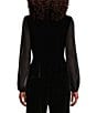 Color:Black/White - Image 2 - Long Sleeve Collared Side Button Velvet Blouse