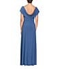 Color:Wedgewood - Image 2 - Matte Jersey Cowl Neck Drape Back Detail Short Sleeve Side Embellishment Pleated Thigh High Slit Long Gown