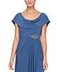 Color:Wedgewood - Image 3 - Matte Jersey Cowl Neck Drape Back Detail Short Sleeve Side Embellishment Pleated Thigh High Slit Long Gown