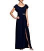 Color:Navy - Image 1 - Matte Jersey Cowl Neck Drape Back Detail Short Sleeve Side Embellishment Pleated Thigh High Slit Long Gown