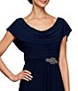 Color:Navy - Image 3 - Matte Jersey Cowl Neck Drape Back Detail Short Sleeve Side Embellishment Pleated Thigh High Slit Long Gown