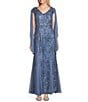 Color:Vintage Blue - Image 1 - Mesh Shawl Cap Sleeve V-Neck Godet Skirt Embroidered Long Dress