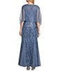 Color:Vintage Blue - Image 2 - Mesh Shawl Cap Sleeve V-Neck Godet Skirt Embroidered Long Dress