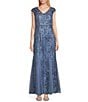 Color:Vintage Blue - Image 3 - Mesh Shawl Cap Sleeve V-Neck Godet Skirt Embroidered Long Dress