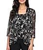 Alex Evenings Metallic Knit Foil Bodre Leaf Print 3/4 Sleeve Open Cascade Twinset, Color:Black Gold - Image 1