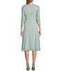 Color:Fresh Mint - Image 2 - Crew Neck 3/4 Sleeve Sequin Floral Lace Bodice Chiffon A-Line Midi Dress