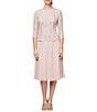 Color:Shell Pink - Image 1 - Crew Neck 3/4 Sleeve Sequin Floral Lace Bodice Chiffon A-Line Midi Dress