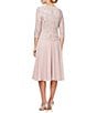 Color:Shell Pink - Image 2 - Crew Neck 3/4 Sleeve Sequin Floral Lace Bodice Chiffon A-Line Midi Dress