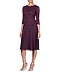 Color:Deep Plum - Image 1 - Crew Neck 3/4 Sleeve Sequin Floral Lace Bodice Chiffon A-Line Midi Dress