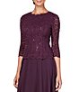 Color:Deep Plum - Image 3 - Crew Neck 3/4 Sleeve Sequin Floral Lace Bodice Chiffon A-Line Midi Dress