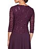Color:Deep Plum - Image 4 - Crew Neck 3/4 Sleeve Sequin Floral Lace Bodice Chiffon A-Line Midi Dress