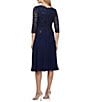 Color:Navy - Image 2 - Crew Neck 3/4 Sleeve Sequin Floral Lace Bodice Chiffon A-Line Midi Dress