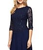 Color:Navy - Image 3 - Crew Neck 3/4 Sleeve Sequin Floral Lace Bodice Chiffon A-Line Midi Dress