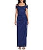 Color:Electric Blue - Image 1 - Petite Size Cowl Square Neck Cap Sleeve Cold Shoulder Ruched Side Glitter Mesh Gown