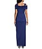 Color:Electric Blue - Image 2 - Petite Size Cowl Square Neck Cap Sleeve Cold Shoulder Ruched Side Glitter Mesh Gown