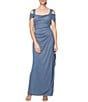 Color:Dusty Blue - Image 1 - Petite Size Cowl Square Neck Cap Sleeve Cold Shoulder Ruched Side Glitter Mesh Gown