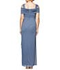Color:Dusty Blue - Image 2 - Petite Size Cowl Square Neck Cap Sleeve Cold Shoulder Ruched Side Glitter Mesh Gown