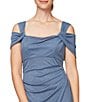 Color:Dusty Blue - Image 3 - Petite Size Cowl Square Neck Cap Sleeve Cold Shoulder Ruched Side Glitter Mesh Gown