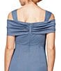 Color:Dusty Blue - Image 4 - Petite Size Cowl Square Neck Cap Sleeve Cold Shoulder Ruched Side Glitter Mesh Gown