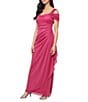 Alex Evenings Petite Size Cowl Square Neck Cap Sleeve Cold Shoulder Ruched Side Glitter Mesh Gown, Color:Raspberry - Image 1