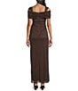 Alex Evenings Petite Size Cowl Square Neck Cap Sleeve Cold Shoulder Ruched Side Glitter Mesh Gown - Image 2