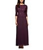 Alex Evenings Petite Size Sequined Lace Bodice Crew Neck 3/4 Sleeve Chiffon Skirted Gown, Color:Deep Plum - Image 1