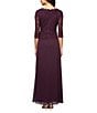 Alex Evenings Petite Size Sequined Lace Bodice Crew Neck 3/4 Sleeve Chiffon Skirted Gown, Color:Deep Plum - Image 2