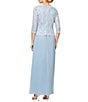 Color:Sky Blue - Image 2 - Petite Size Sequined Lace Bodice Crew Neck 3/4 Sleeve Chiffon Skirted Gown