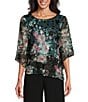 Color:Black Multi - Image 1 - Petite Size 3/4 Bell Sleeve Crew Neck Triple Tier Asymmetrical Hem Floral Chiffon Blouse