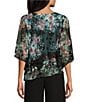 Color:Black Multi - Image 2 - Petite Size 3/4 Bell Sleeve Crew Neck Triple Tier Asymmetrical Hem Floral Chiffon Blouse