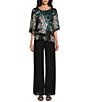 Color:Black Multi - Image 3 - Petite Size 3/4 Bell Sleeve Crew Neck Triple Tier Asymmetrical Hem Floral Chiffon Blouse