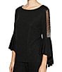 Color:Black - Image 1 - Petite Size Boat Neck 3/4 Bell Sleeve Stretch Metallic Knit Blouse