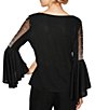 Color:Black - Image 2 - Petite Size Boat Neck 3/4 Bell Sleeve Stretch Metallic Knit Blouse