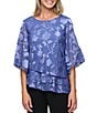 Alex Evenings Petite Size 3/4 Illusion Sleeve Crew Neck Asymmetrical Triple Tier Hem Printed Chiffon Blouse, Color:Cornflower - Image 1