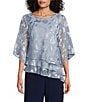 Alex Evenings Petite Size 3/4 Illusion Sleeve Crew Neck Asymmetrical Triple Tier Hem Printed Chiffon Blouse, Color:Hydrangea - Image 1