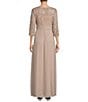 Color:Buff - Image 2 - Petite Size 3/4 Sleeve Scoop Neck Overlay Skirt Sequin Lace Empire Waist Gown