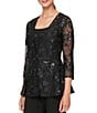 Color:Black - Image 1 - Petite Size 3/4 Sleeve Floral Embroidered Scoop Neck Twinset