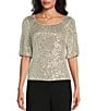 Color:Ivory/Silver - Image 1 - Petite Size Elbow Sleeve Scoop Neck Sequin Blouse