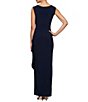 Color:Navy/Nude - Image 2 - Petite Size Embroidered Neckline Cascade Side Ruched Long Gown