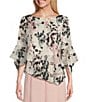 Color:Ivory/Pink - Image 1 - Petite Size Floral Chiffon 3/4 Sleeve Boat Neck Asymmetrical Tiered Hem Blouse