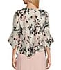 Color:Ivory/Pink - Image 2 - Petite Size Floral Chiffon 3/4 Sleeve Boat Neck Asymmetrical Tiered Hem Blouse