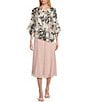 Color:Ivory/Pink - Image 3 - Petite Size Floral Chiffon 3/4 Sleeve Boat Neck Asymmetrical Tiered Hem Blouse